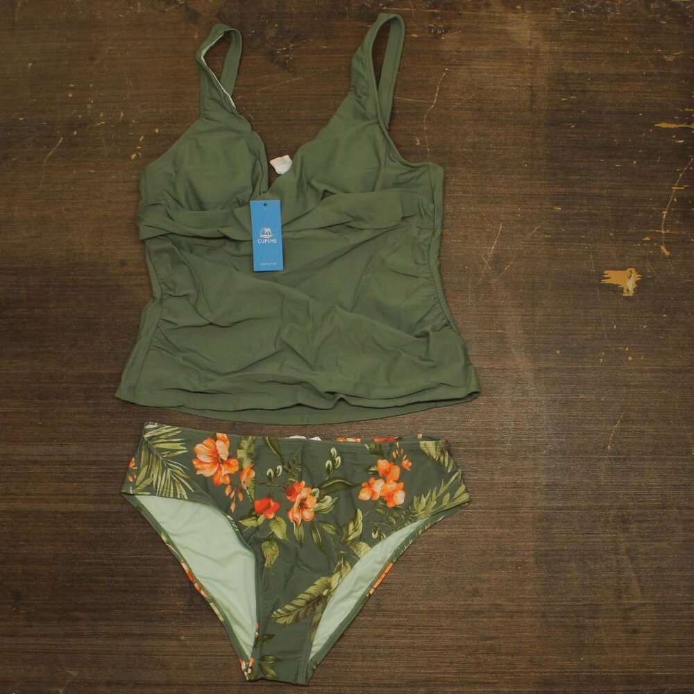 NWT Cupshe Ruched Tankini Top & Tropical Mid-Rise Bottom Swims Set Green Multi L - Picture 2 of 5